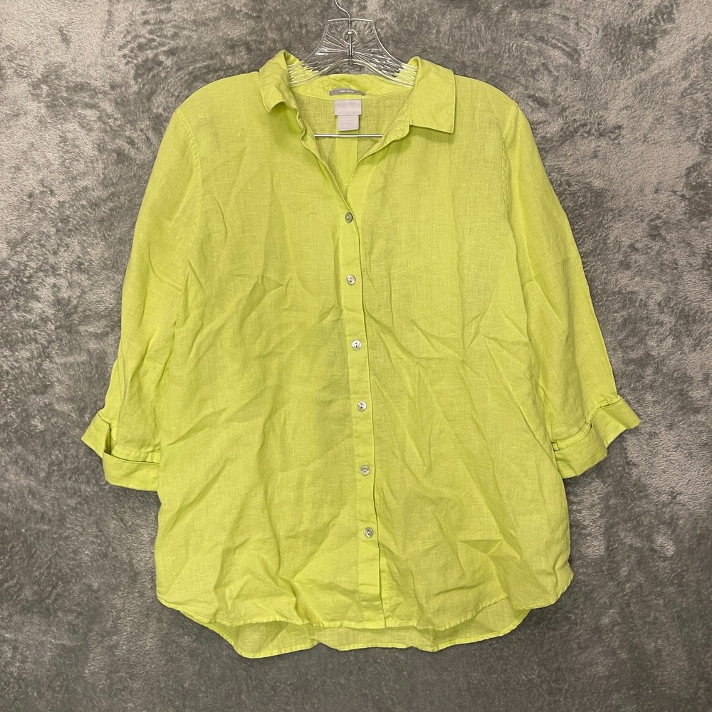 Chicos 1 Women No Iron 100% Linen Beach Nautical Coastal Collared Button Shirt 8